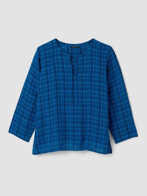 EILEEN FISHER Puckered Organic Linen Plaid Keyhole Top