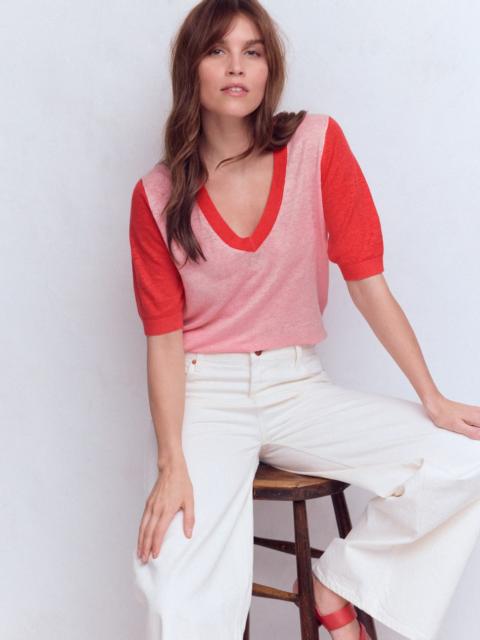 BODEN Agnes Linen V Neck T-Shirt-Pink Colour Block
