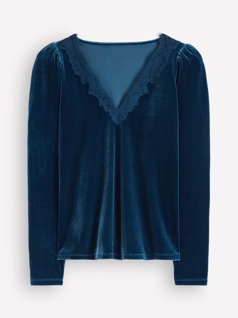BODEN Lace Trim V-Neck Velvet Top-Harbour Blue