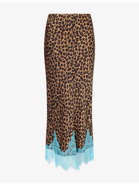 Never Fully Dressed Maeva Leopard-Print Satin Midi Skirt