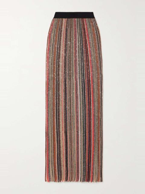 Sequin-embellished striped crochet-knit maxi skirt
