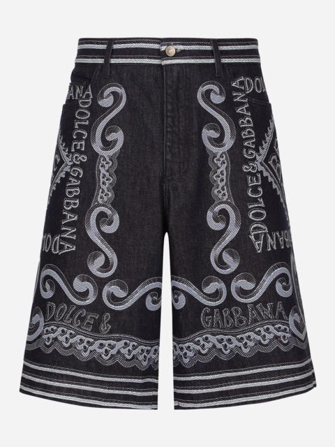 Marina-print blue denim shorts