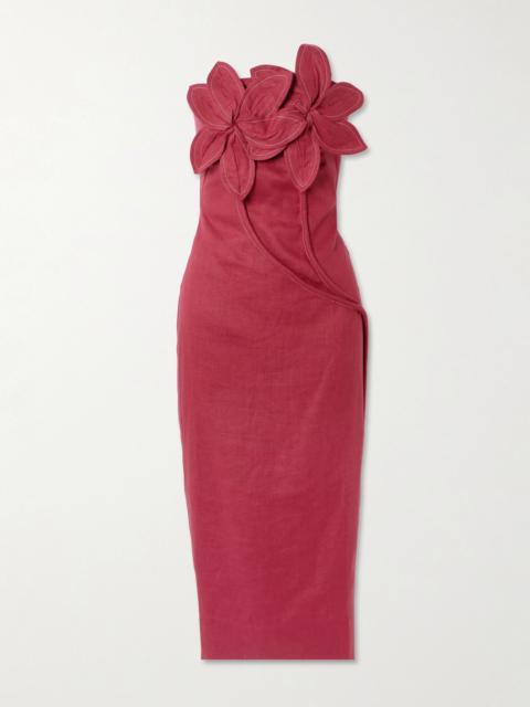 ANDRES OTALORA Florecer strapless appliquéd linen midi dress Burgundy