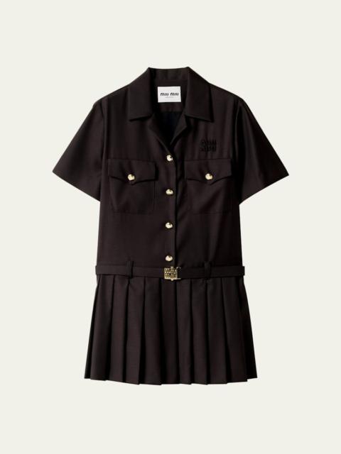 Miu Miu Short-Sleeve Pleated Mini Shirtdress With Belt