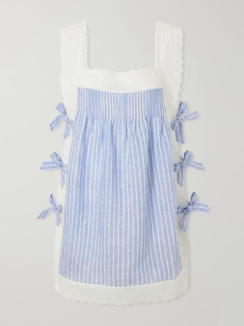 LORETTA CAPONI Fiocchini Bow-embellished Striped Broderie Anglaise-trimmed Linen Mini Dress
