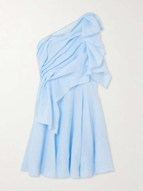 Aje. Genesis one-shoulder ruffled shirred muslin mini dress Light blue
