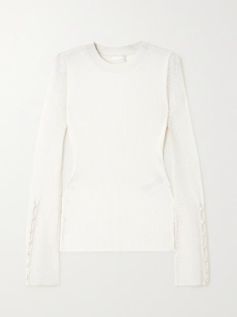 Chloé Ribbed Wool-blend And Pointelle-knit Linen-blend Top