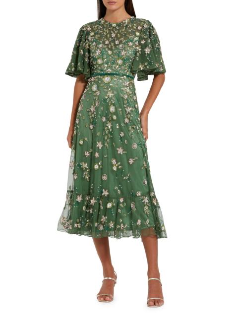 MAC DUGGAL Women's Floral Beaded Mesh Midi-Dress - Sage
