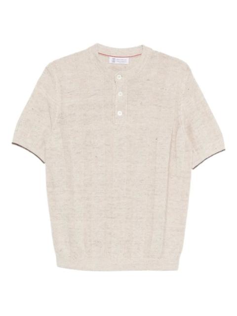 Textured Rib Knit T-Shirt With Henley Collar