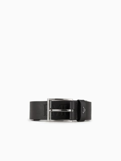 EMPORIO ARMANI Tumbled-leather belt with oversized logo lettering