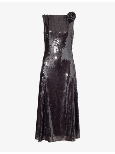ROTATE Floral-Embellished Square-Neck Sequin Maxi Dress