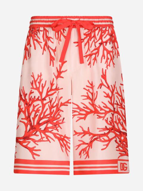 Coral-print silk jogging shorts