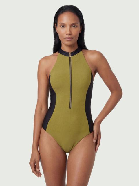 KAREN MILLEN Racer Back Swimsuit With Gold Zip