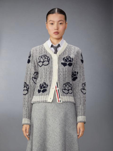 Thom Browne Donegal Cable Check and Rose Cropped Crew Neck Cardigan