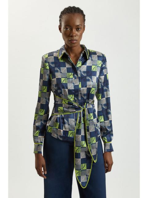 KAREN MILLEN Petite Geo Print Hammered Satin Tie Waist Woven Shirt
