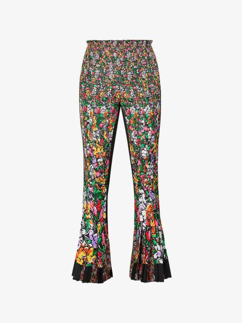 Floral-print flared-leg mid-rise woven trousers