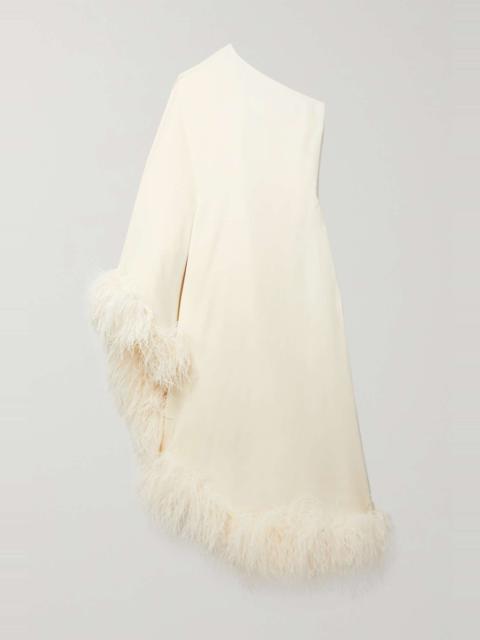 + NET SUSTAIN Ubud one-shoulder feather-trimmed crepe maxi dress