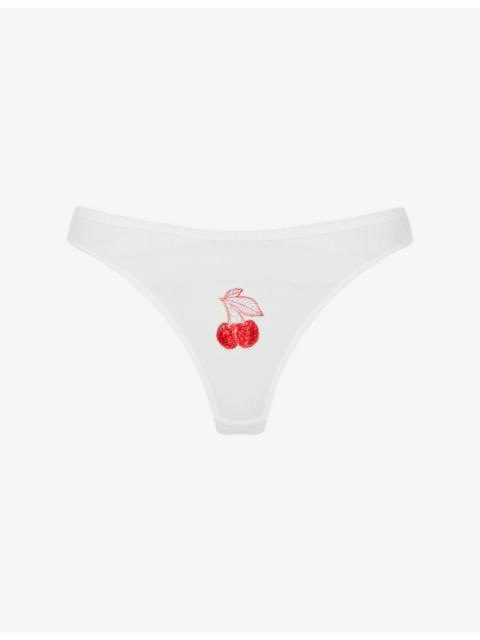 Agent Provocateur Perri Cherry-Embroidered Sheer-Tulle Thong