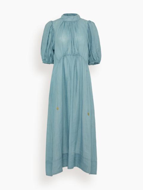 Sea Anise Solid Puff Sleeve Midi Dress in Blue