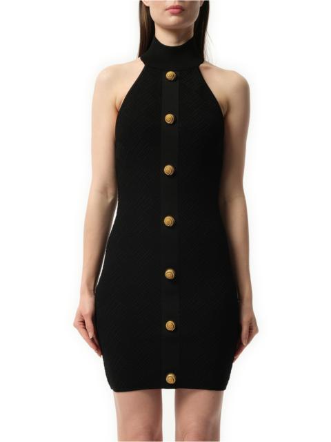Balmain Halterneck Button Vichy Knit Short Dress in Black