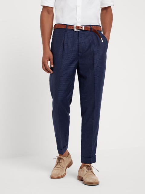 Wool, linen and silk houndstooth leisure fit trousers with pleat