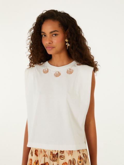FARM RIO Off-White Seashell Embroidery Padded Shoulders T-Shirt