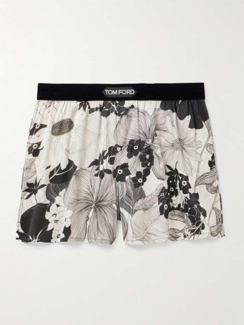 Floral-Print Velvet-Trimmed Stretch-Silk Satin Boxer Shorts