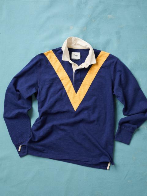 Drake's Navy and Yellow Chevron Flamé Cotton Rugby Shirt