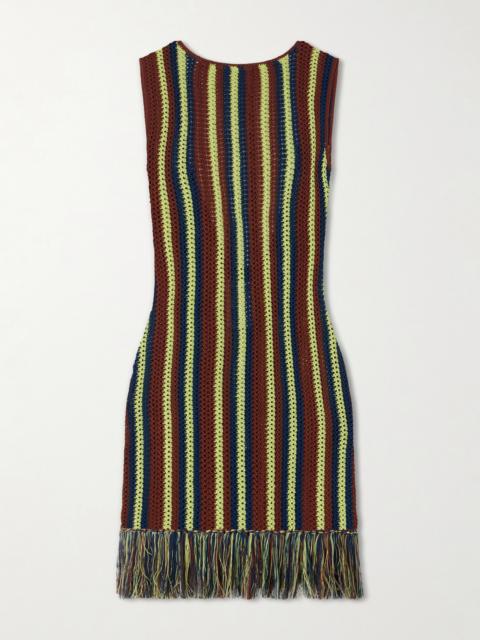 ESCVDO Misti Matcha Striped Fringe-trimmed Crocheted Cotton Mini Dress