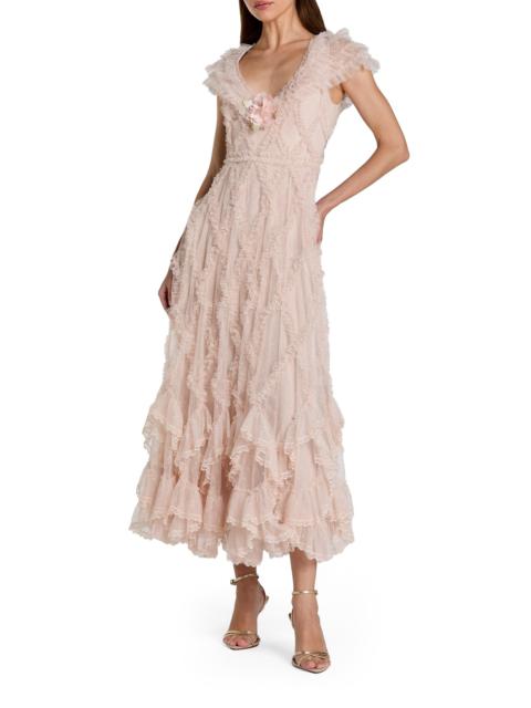 MAC DUGGAL Women's Mesh Ruffled V-Neck Midi-Dress - Blush