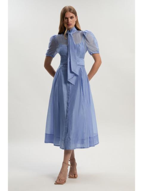 KAREN MILLEN Organdie Tie Neck Woven Midi Dress