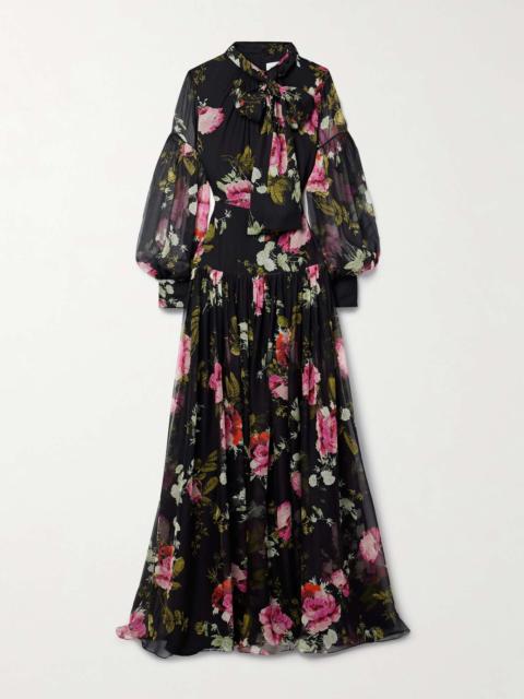 Pussy-bow floral-print silk-chiffon maxi dress