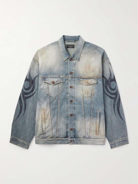 Oversized Distressed Printed Denim Jacket