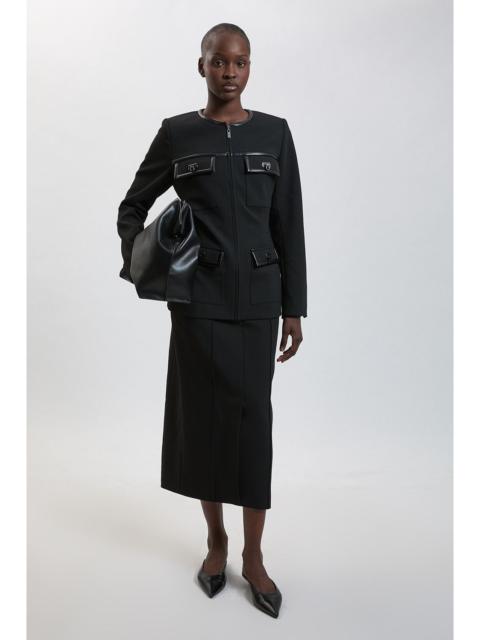 KAREN MILLEN Forever Compact Stretch & PU Turn Lock Detail Tailored Midi Pencil Skirt