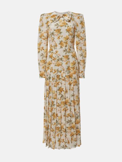Alessandra Rich ROSE PRINT SILK PLEATED DRESS WITH BOW