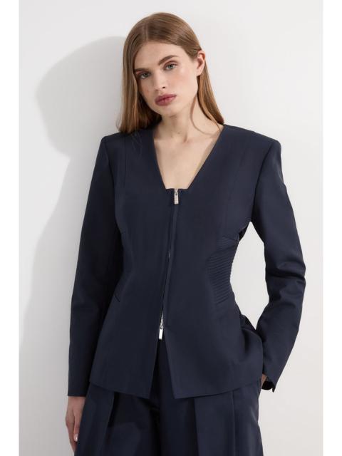 KAREN MILLEN Archive Collection - Tailored Cotton Pintuck Grosgrain Zip Front Blazer