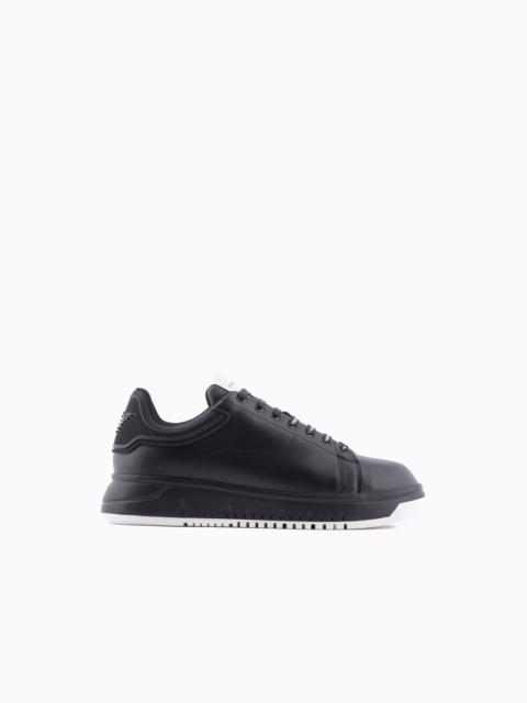 EMPORIO ARMANI Leather sneakers with rubber back knurled sole