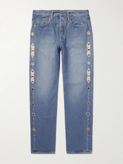 Kapital Monkey Cisco Straight-Leg Leather-Trimmed Embellished Jeans