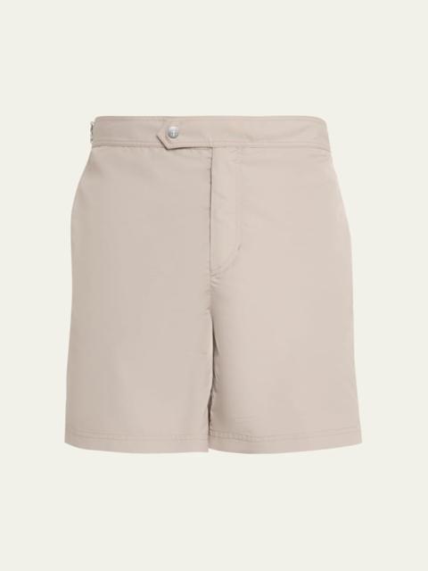 Brunello Cucinelli Men's Tabbed-Waistband Nylon Swim Shorts with Piping