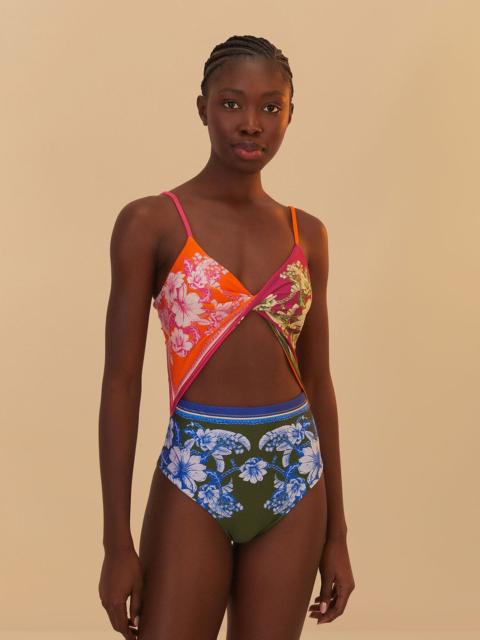 FARM RIO Mixed Scarves Floral Elegance One-Piece Swimsuit