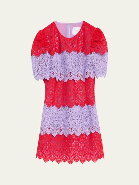 CAROLINA HERRERA Tiered Colorblock Lace Short-Sleeve Mini Dress