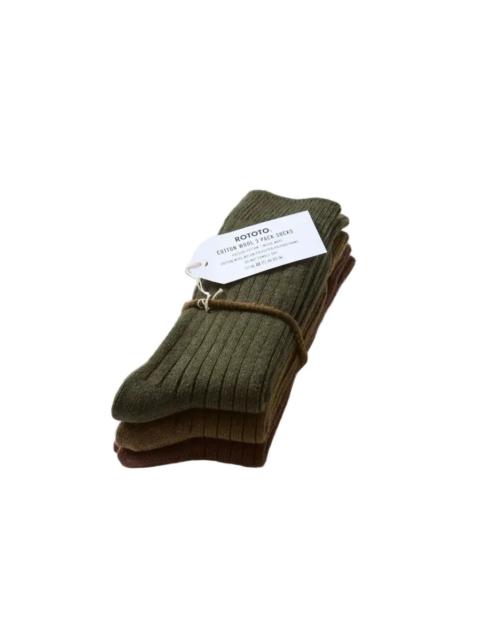 ROTOTO® R1688 Cotton Wool Ribbed Crew 3 Pack Socks Olive Tones