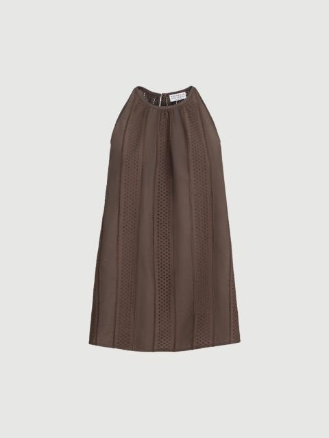 Brunello Cucinelli Techno cotton poplin broderie anglaise top with monili