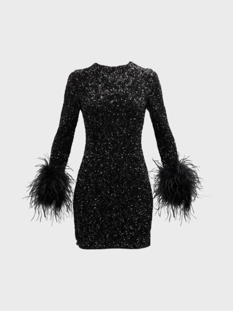 Alice + Olivia Delora Sequin-Embellished Feather Cuff Mini Dress ...