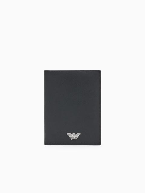 EMPORIO ARMANI REGENERATED SAFFIANO LEATHER PASSPORT HOLDER WITH EAGLE PLATE
