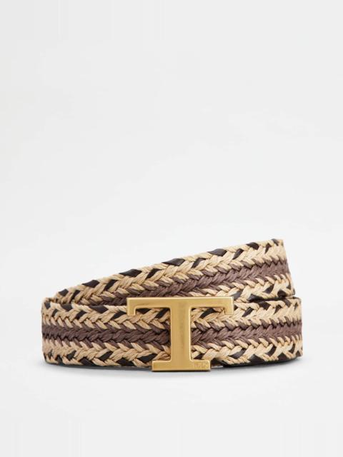 Tod's T TIMELESS BELT IN LEATHER AND FABRIC - BROWN, BEIGE