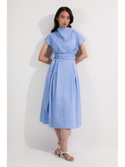 KAREN MILLEN Cotton Stripe High Neck Belted Woven Midi Shirt Dress