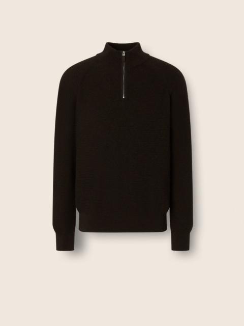 ZEGNA DARK BROWN MÉLANGE OASI CASHMERE ZIP MOCK SWEATER