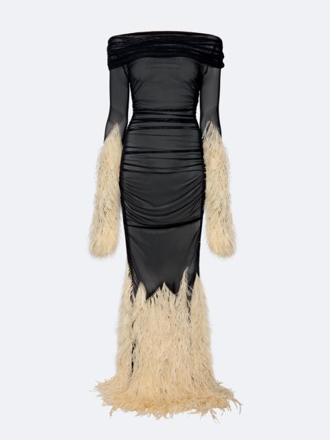 LAPOINTE Mesh Off The Shoulder Gown With Feathers