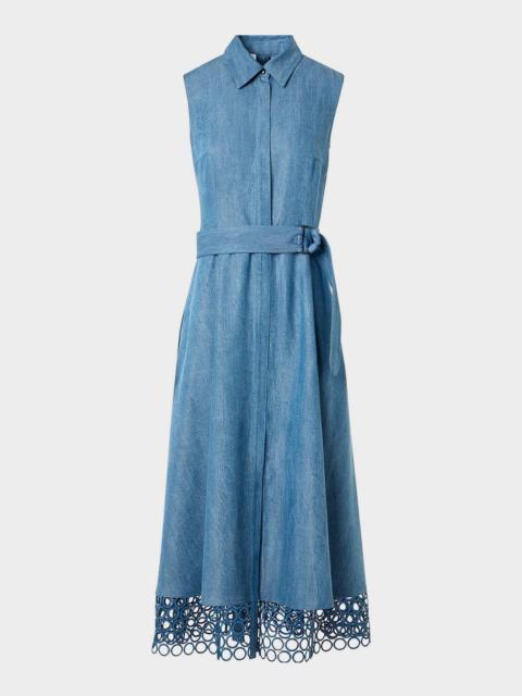 AKRIS Sleeveless Dot Embroidered Denim Midi Shirtdress